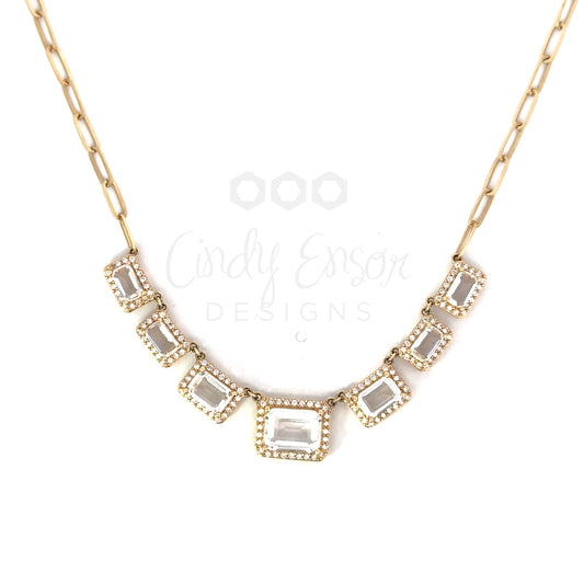 7 Rectangle White Topaz and Pave Diamond Border Necklace