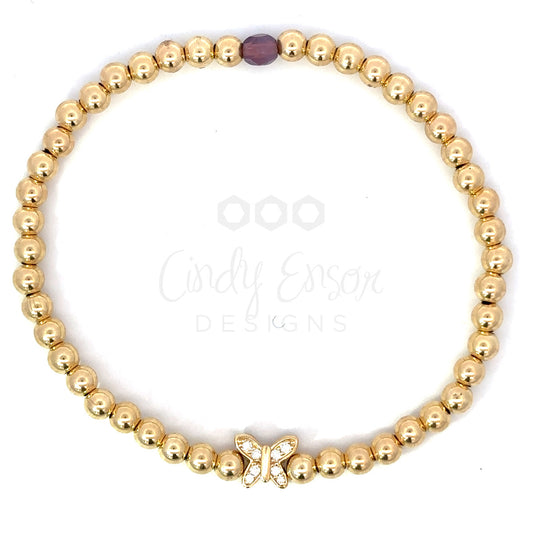 4mm Yellow Gold Filled Bead Bracelet with Pave Butterfly