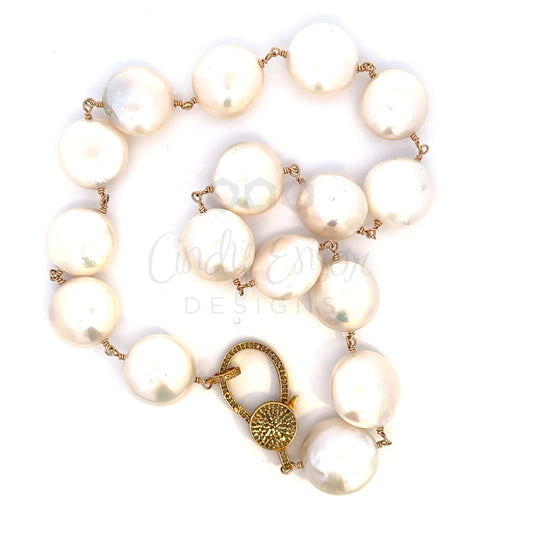 Coin Wire Wrapped Pearl Necklace with Gold Vermeil Pave Lobster