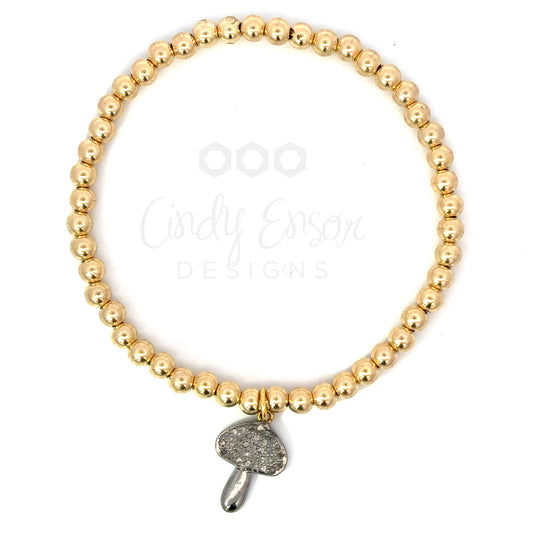 4mm Yellow Gold Filled Bead Bracelet with Sterling Pave Mushroom