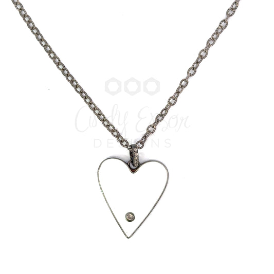 18" Sterling Silver Elongated Pattern Chain with Silver Tone White Heart Enamel Pendant