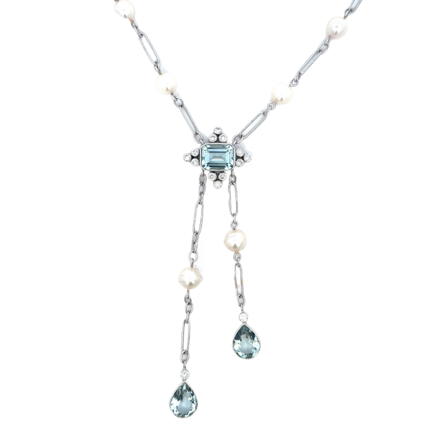 18K White Gold Necklace with Aquamarine, Pearl, and Diamonds