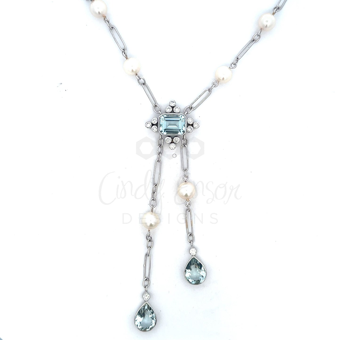 18kt White Gold Necklace with Aquamarine, Pearl, and Diamonds