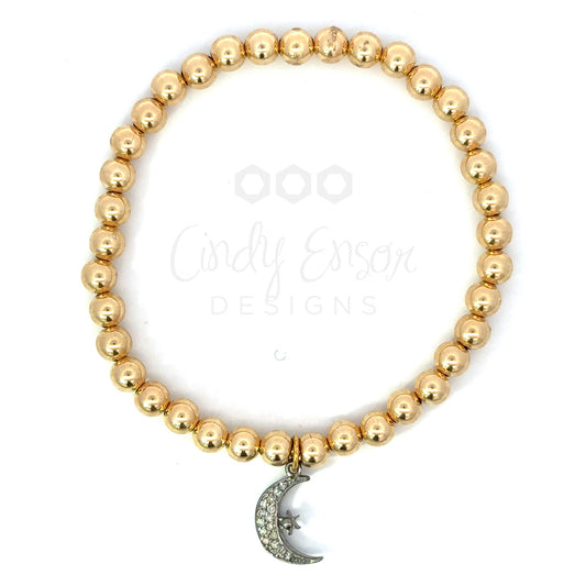 5mm Yellow Gold Filled Bead Bracelet with Sterling Pave Crescent Moon Charm