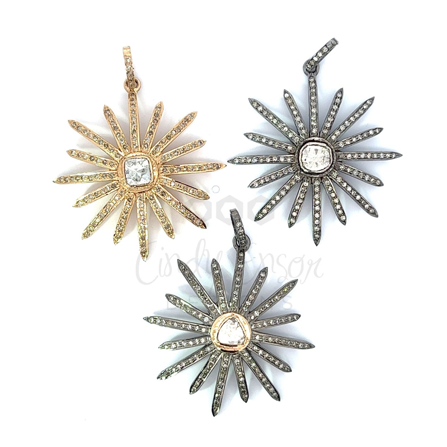 Pave Diamond Starburst Pendant with Rose Cut Diamond Center