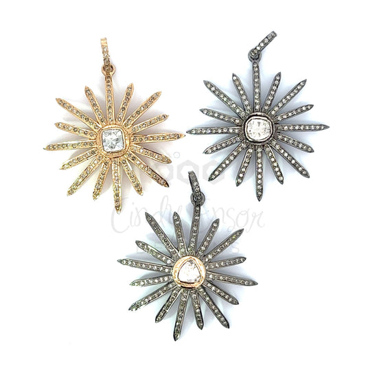 Pave Diamond Starburst Pendant with Rose Cut Diamond Center