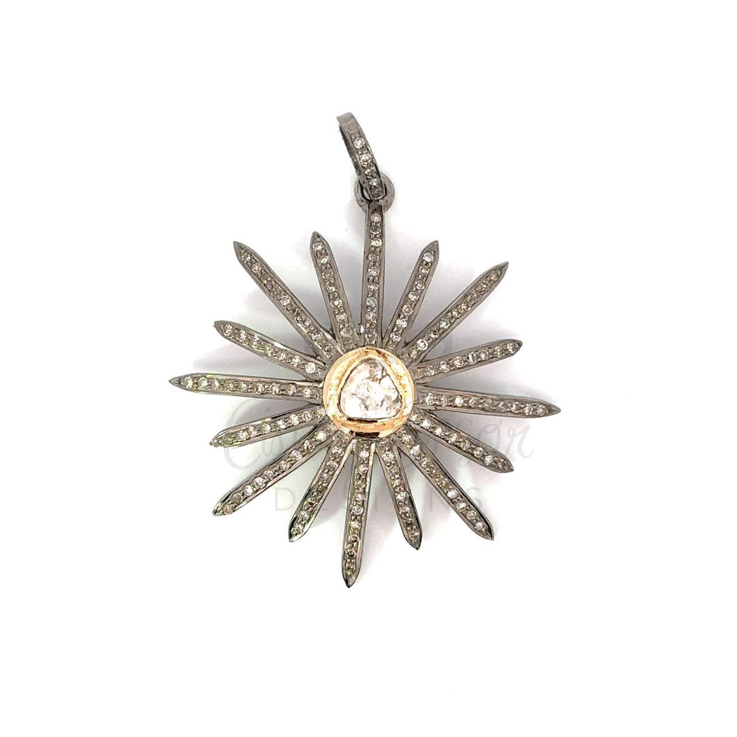 Pave Diamond Starburst Pendant with Rose Cut Diamond Center