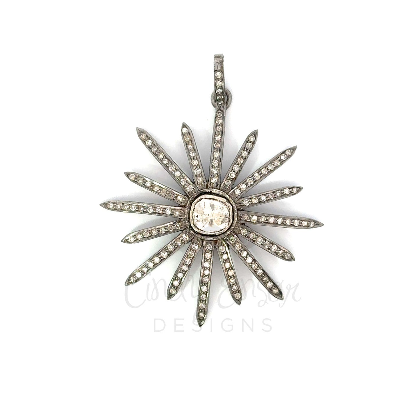 Pave Diamond Starburst Pendant with Rose Cut Diamond Center