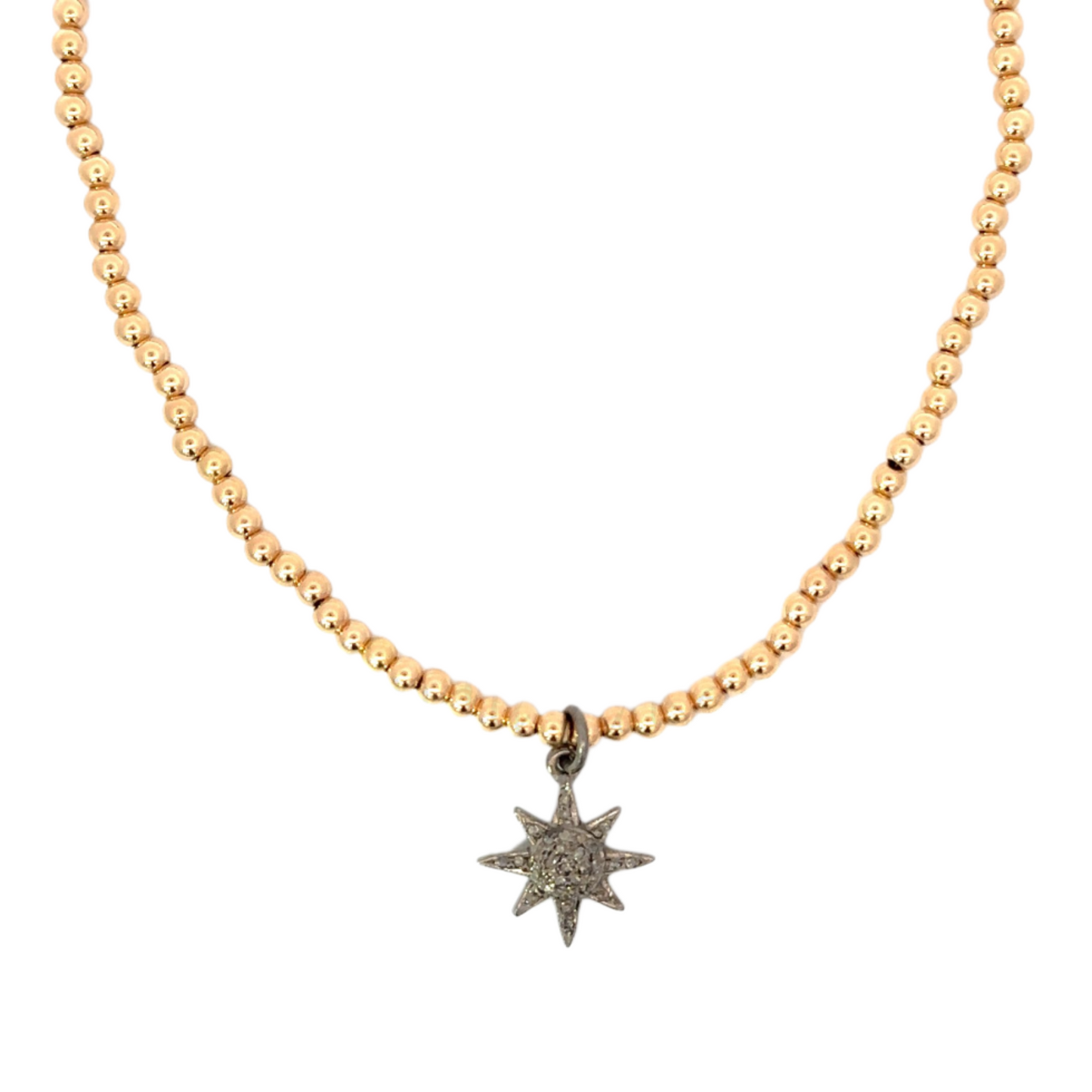 3mm Yellow Gold Filled Bead Necklace with Sterling Silver Pave Diamond Charm