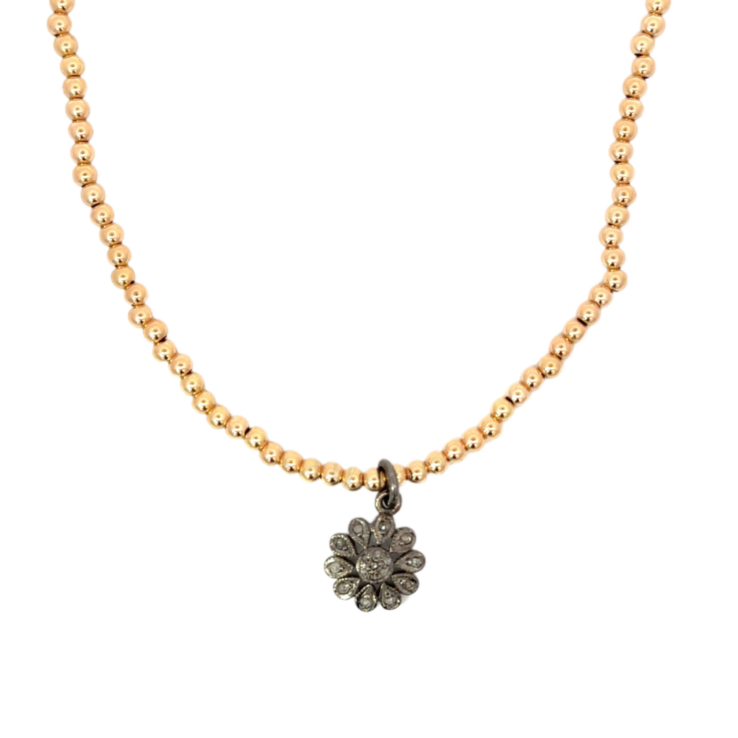3mm Yellow Gold Filled Bead Necklace with Sterling Silver Pave Diamond Charm