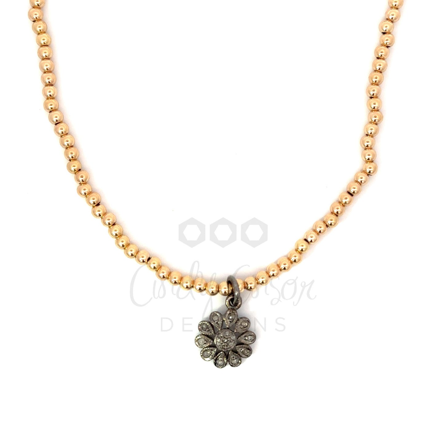 3mm Yellow Gold Filled Bead Necklace with Sterling Silver Pave Diamond Charm