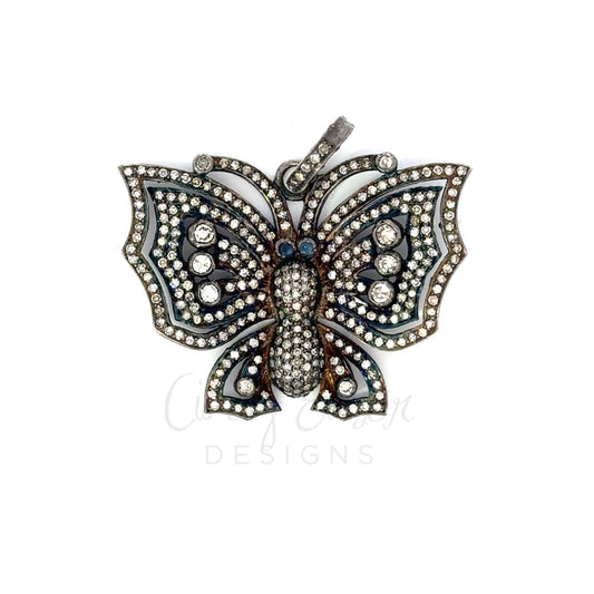 Sterling Silver Pave Diamond Butterfly Pendant with Sapphire Eyes