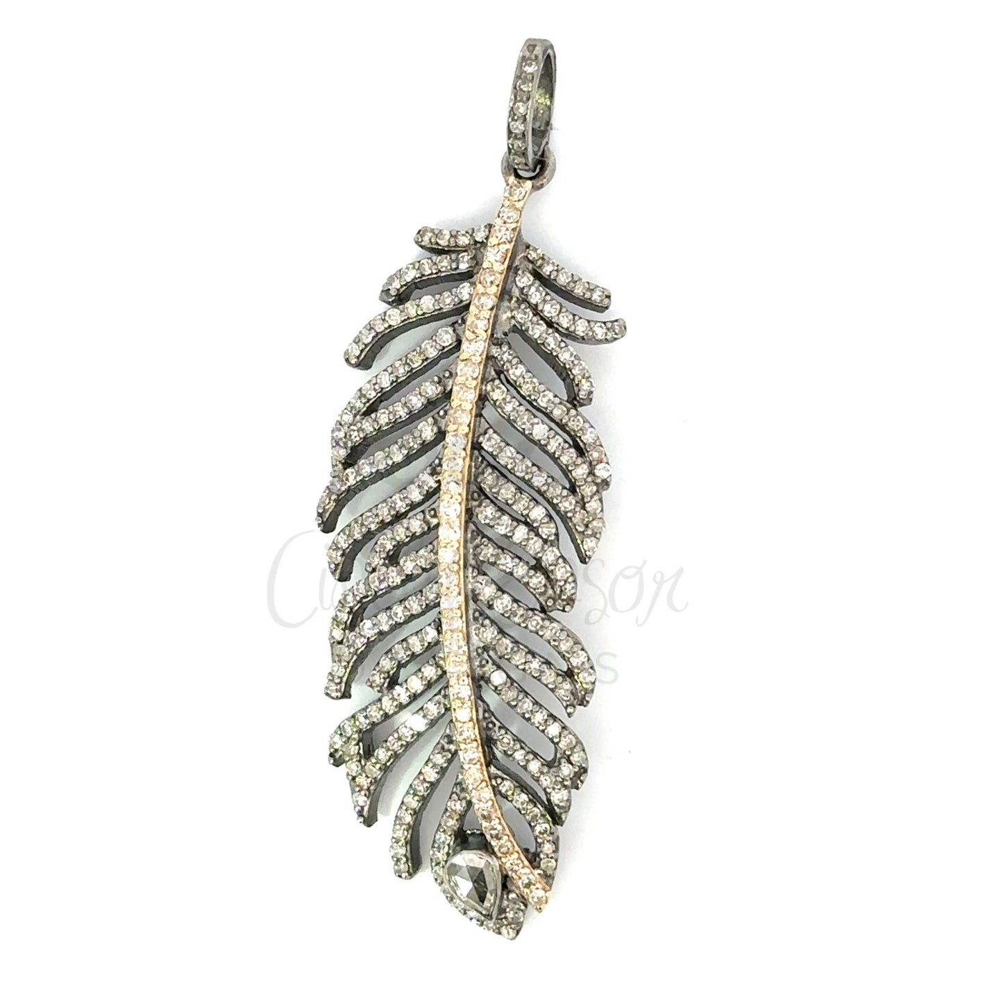 Two Tone Pave Diamond Feather Pendant