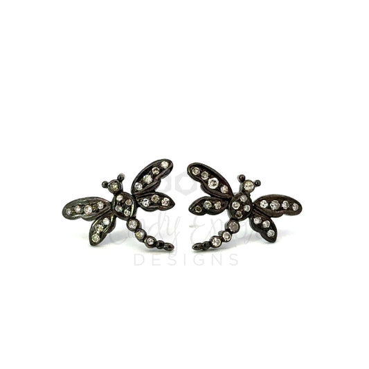 Pave Diamond and Black Metal Dragonfly Stud Earring