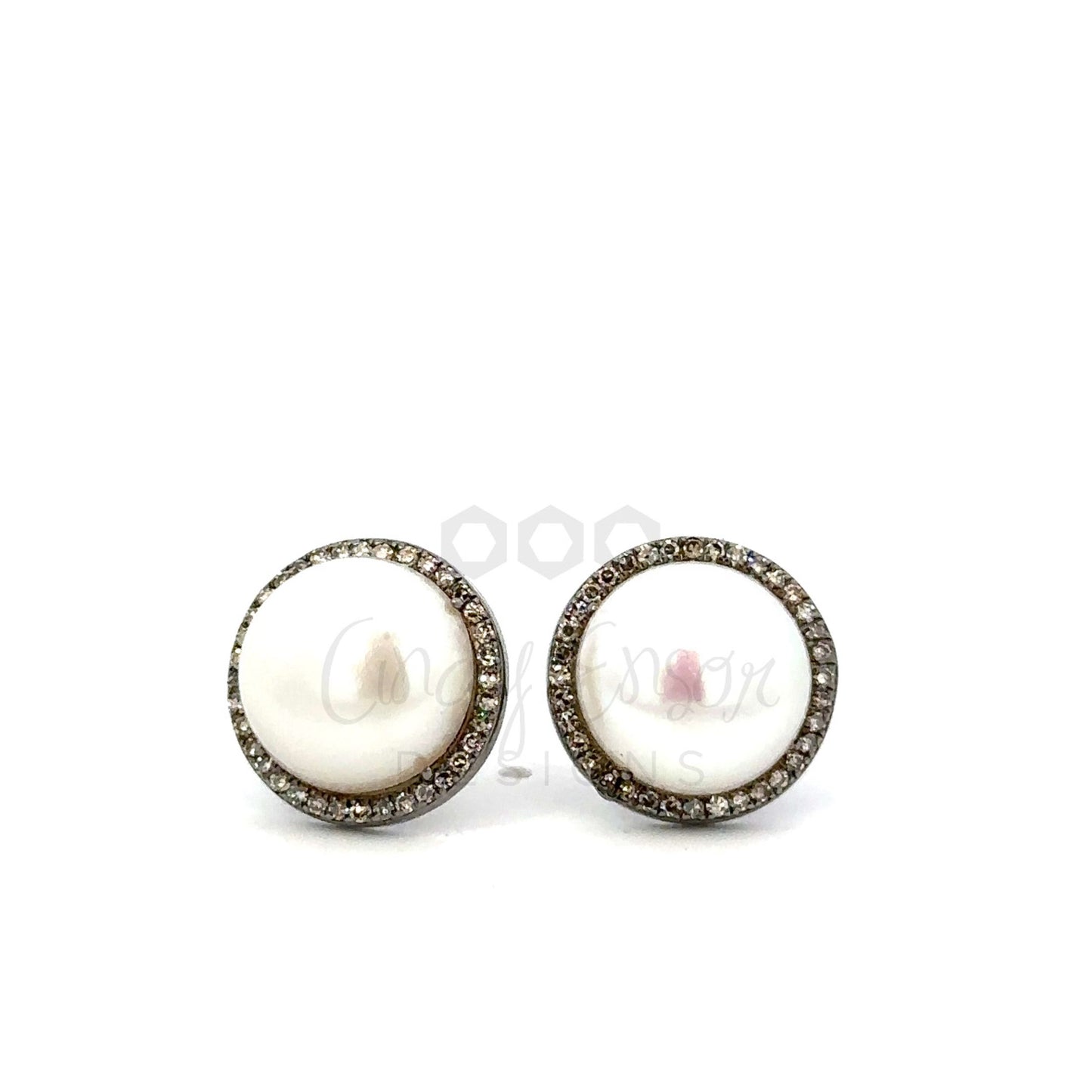 Button Pearl Earring with Pave Border