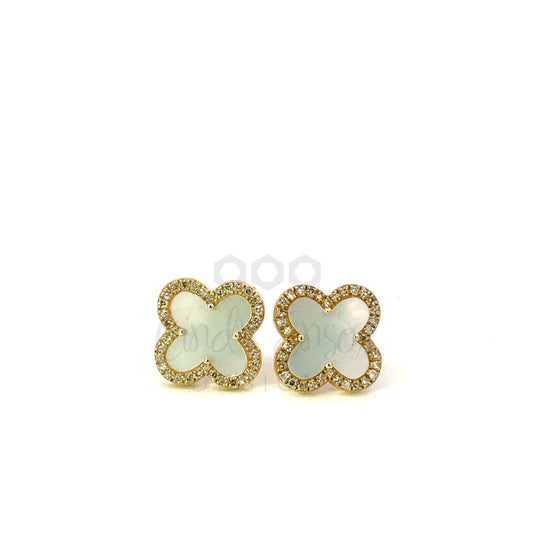 White Mother of Pearl Clover Stud with Pave Diamond Border