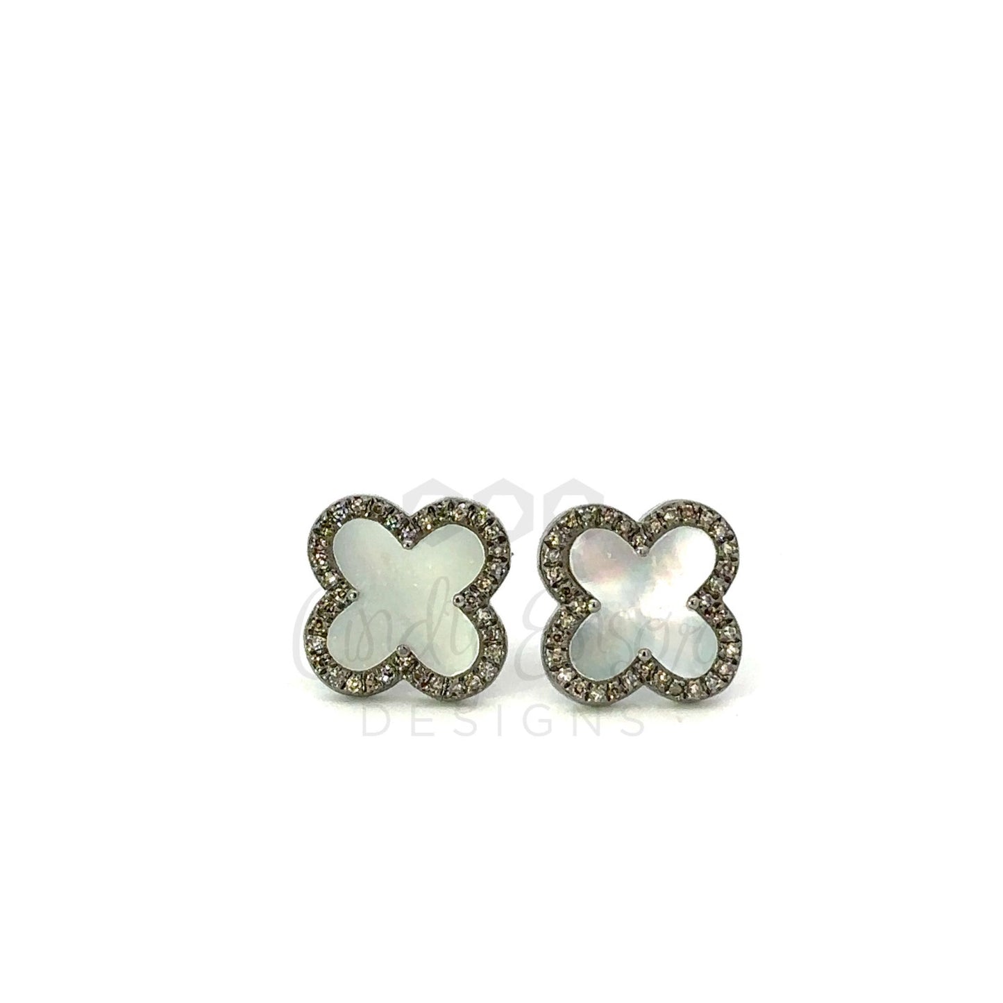 White Mother of Pearl Clover Stud with Pave Diamond Border
