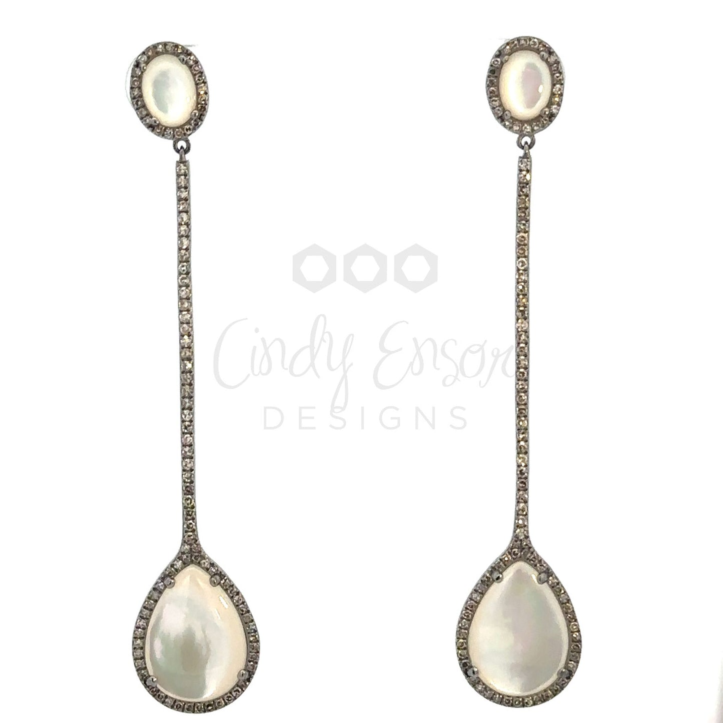Pave Diamond Stick with Tear Drop White Mother of Pearl Earring