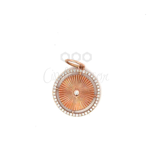 Fluted Disc Pendant with Bezeled Diamond Center and Pave Halo Border