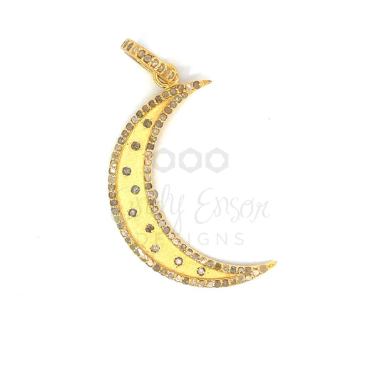 Brushed Crescent Moon Pendant with Speckled Diamonds and Pave Border