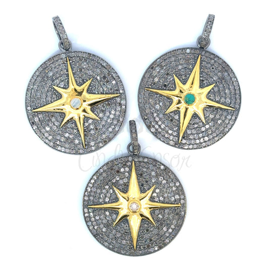 Pave Diamond Disc Pendant with 8 Point Star and Center Stone