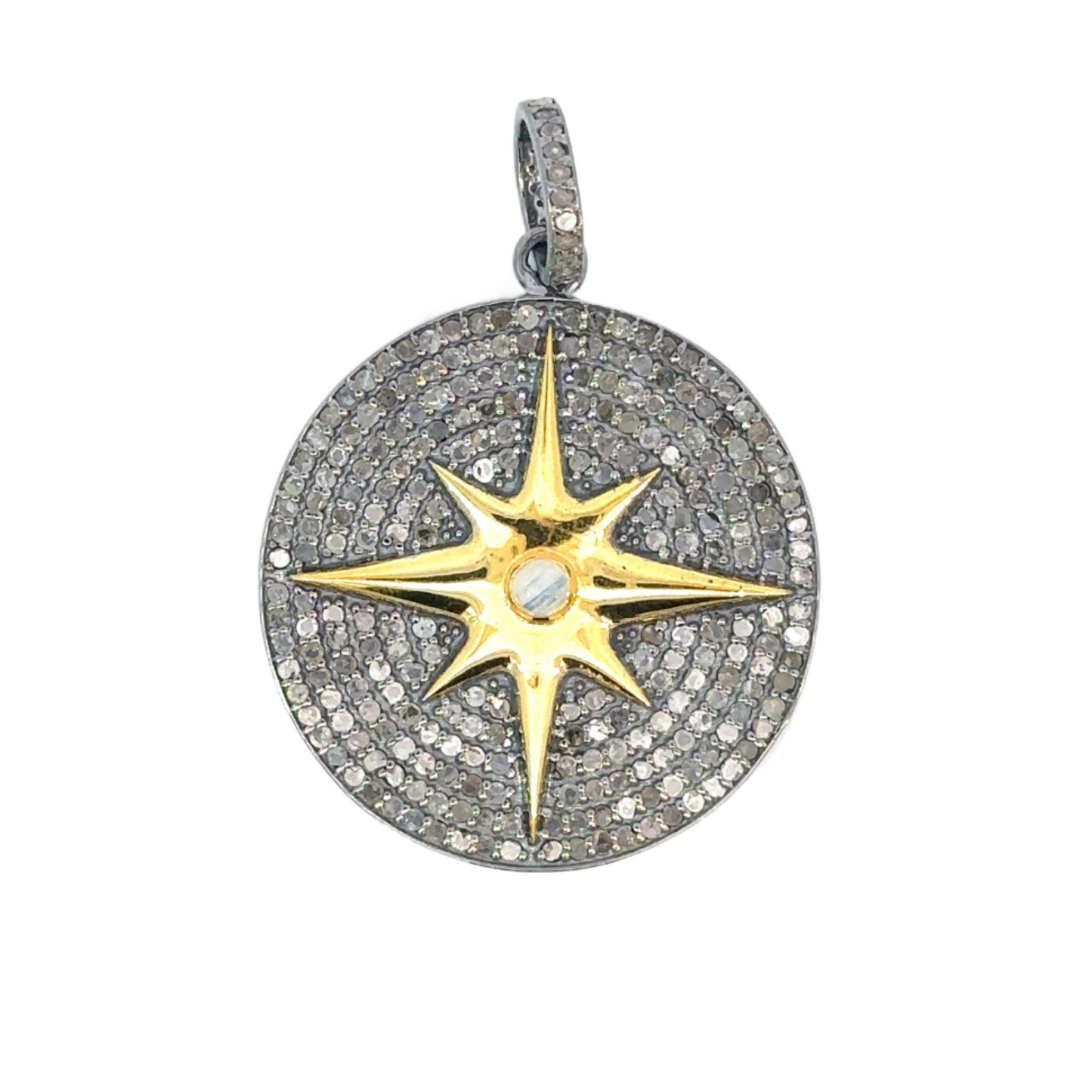 Pave Diamond Disc Pendant with 8 Point Star and Center Stone