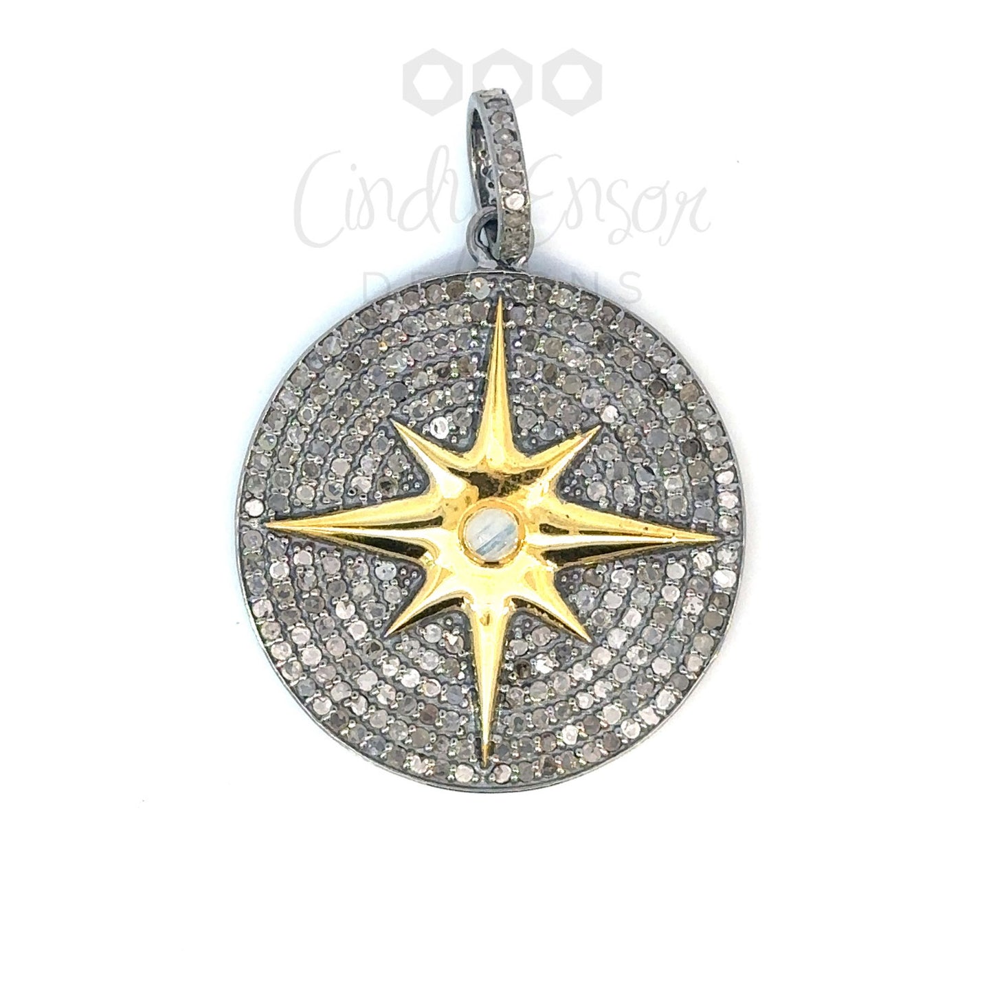 Pave Diamond Disc Pendant with 8 Point Star and Center Stone