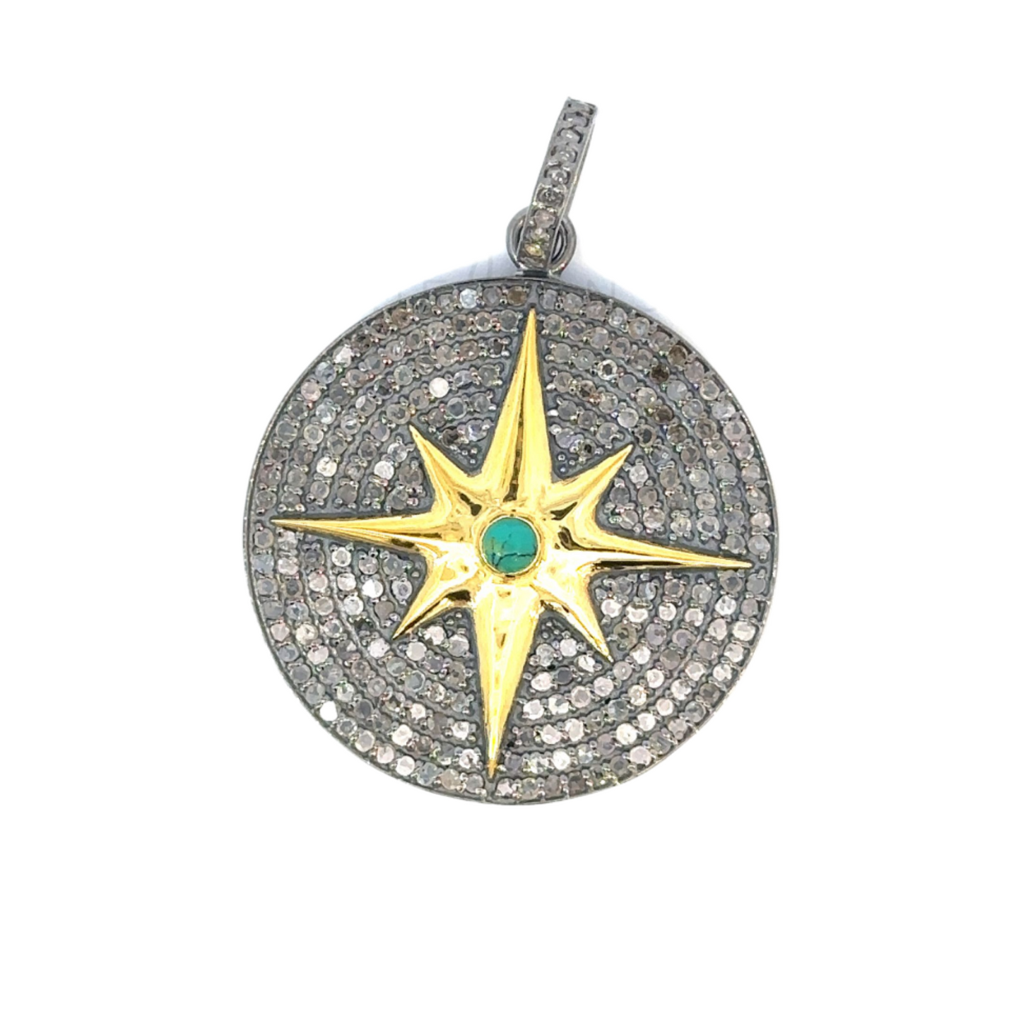 Pave Diamond Disc Pendant with 8 Point Star and Center Stone