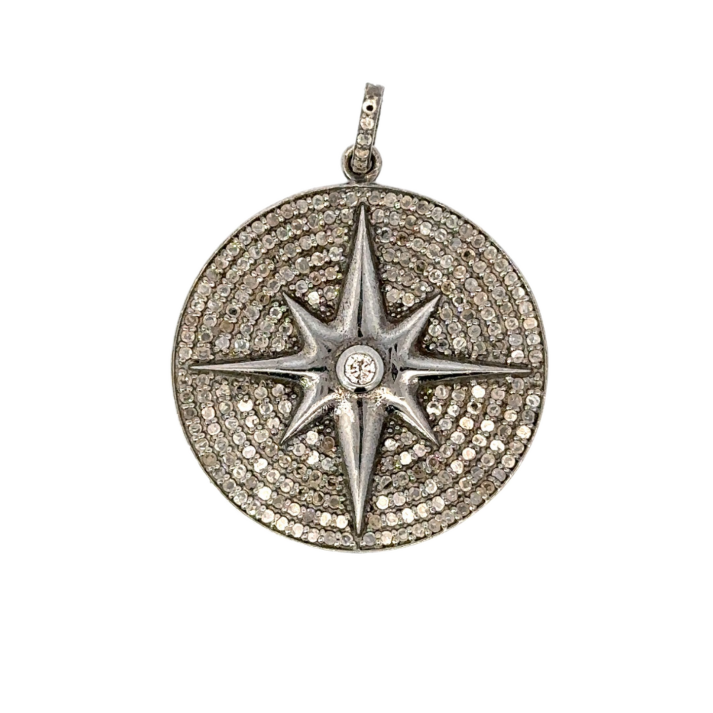 Pave Diamond Disc Pendant with 8 Point Star and Center Stone