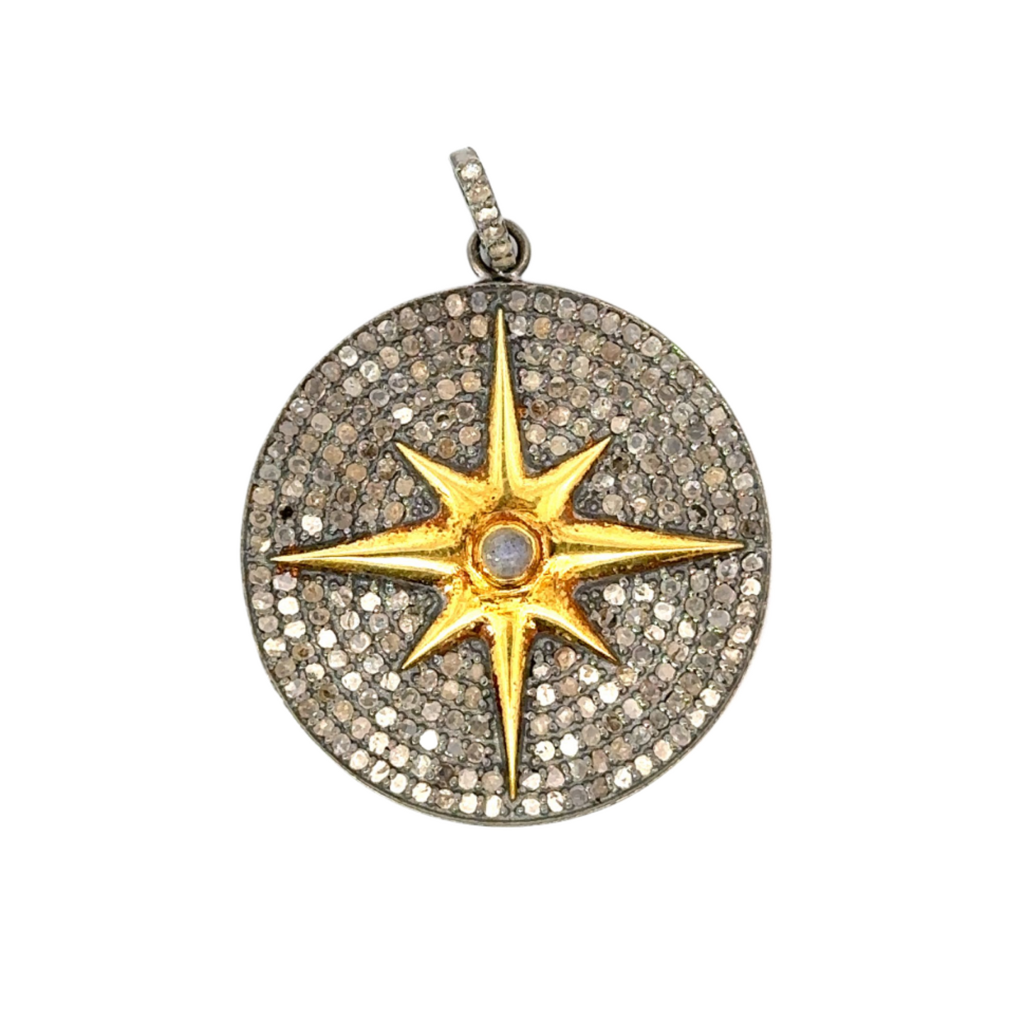 Pave Diamond Disc Pendant with 8 Point Star and Center Stone