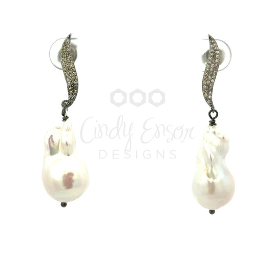 Pave Diamond Curved Post Earring with Baroque Pearl