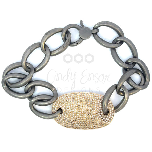 Black Metal Oval Chain Link Bracelet with Large Pave Diamond Oval Accent