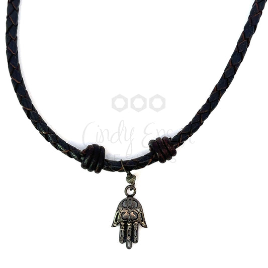 Braided Leather with Sterling Pave Diamond Hamsa Pendant