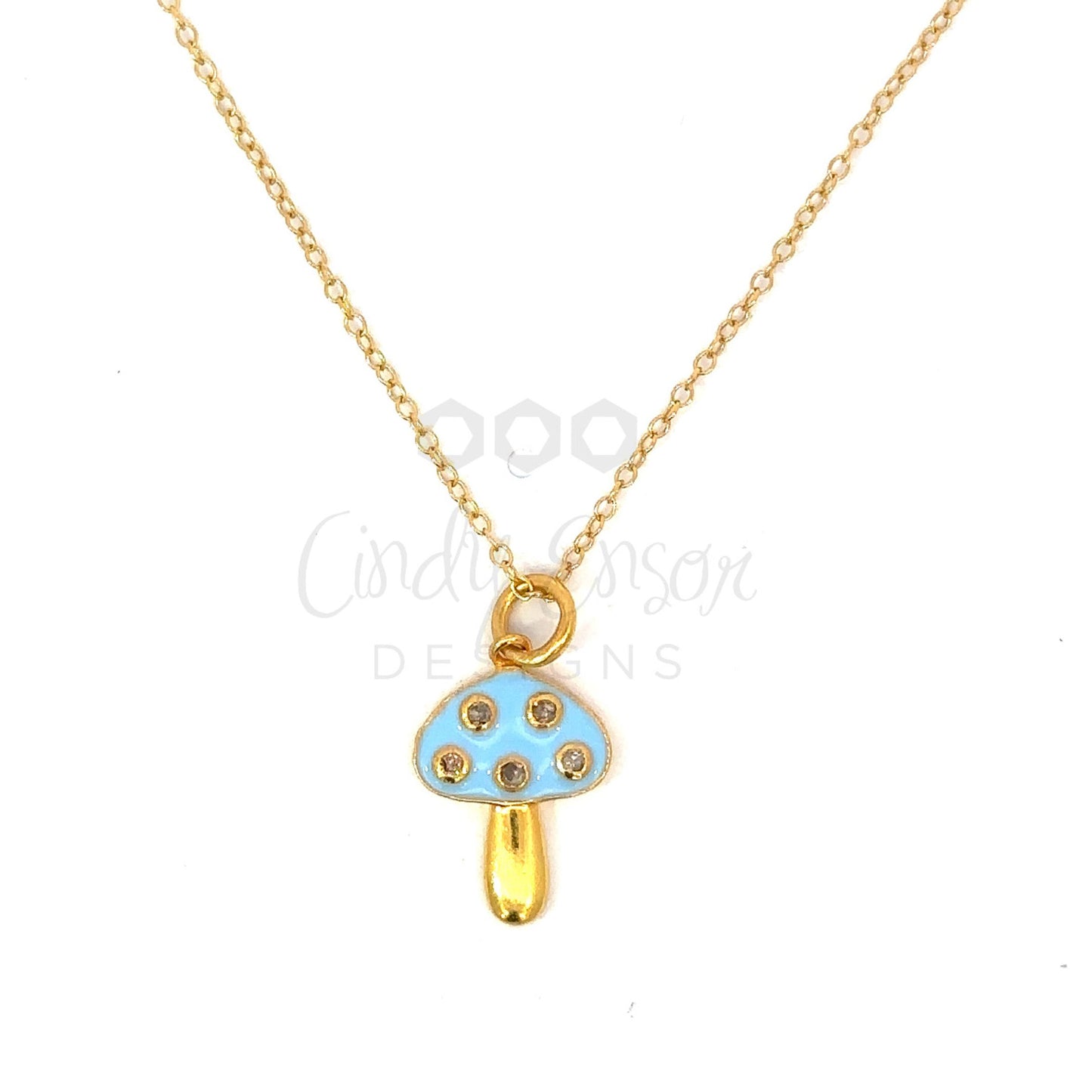 Gold Filled Enamel Mushroom Necklace with Tiny Diamonds