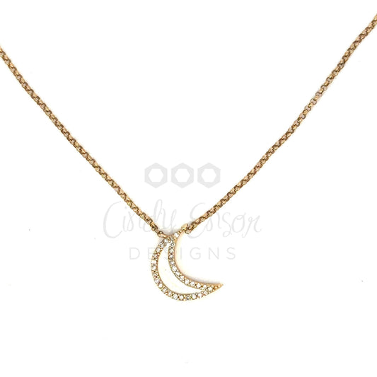 Enamel Crescent Moon Necklace with Pave Diamond Border