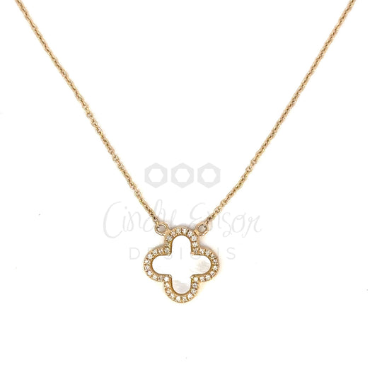 Mother of Pearl Clover Necklace with Pave Diamond Border