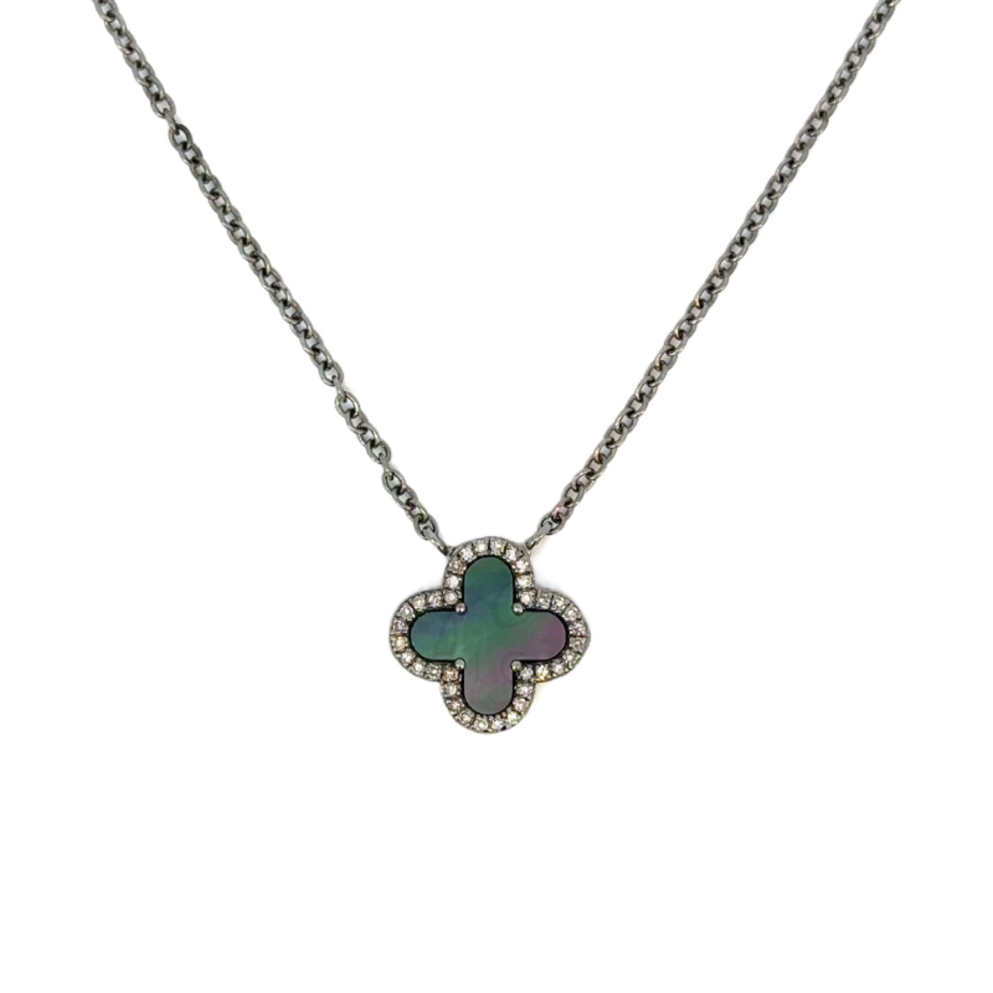 Mother of Pearl Clover Necklace with Pave Diamond Border