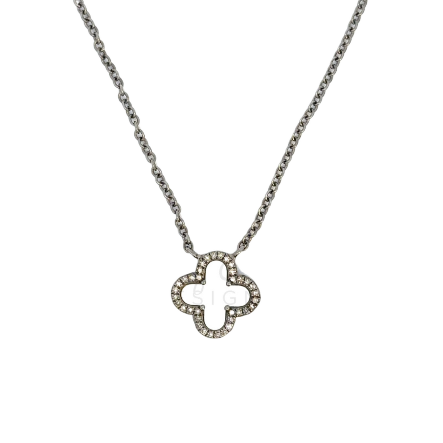 Mother of Pearl Clover Necklace with Pave Diamond Border
