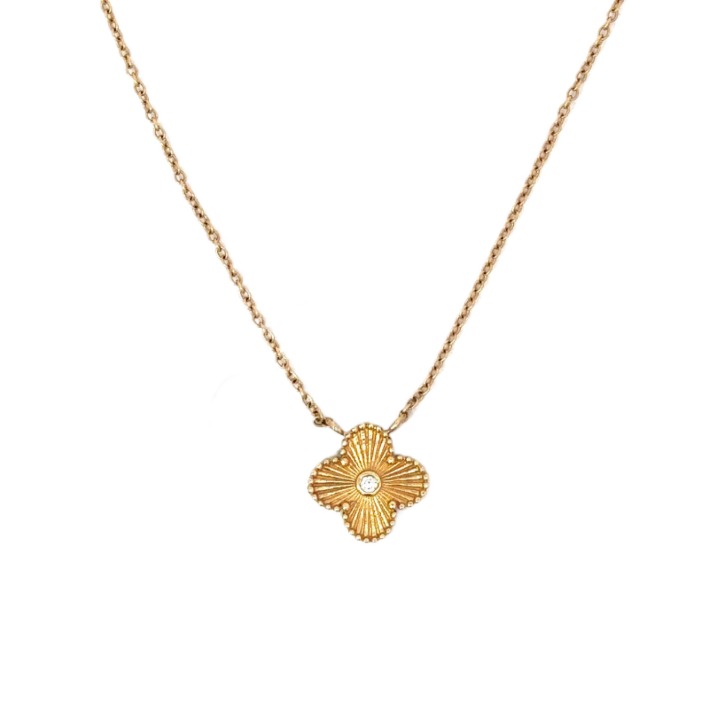 Yellow Gold Fluted Clover Necklace with Bezeled Diamond Center