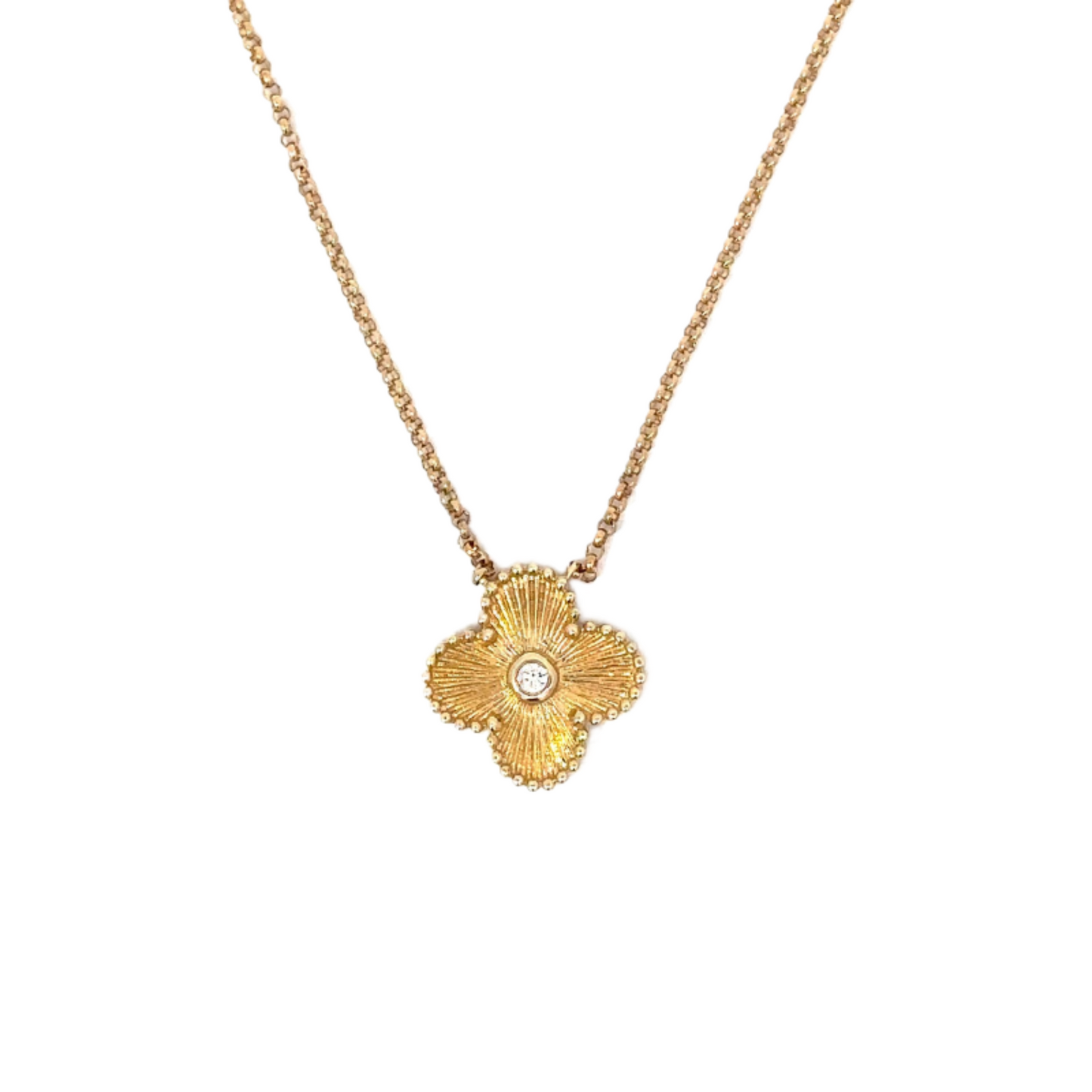 Yellow Gold Fluted Clover Necklace with Bezeled Diamond Center