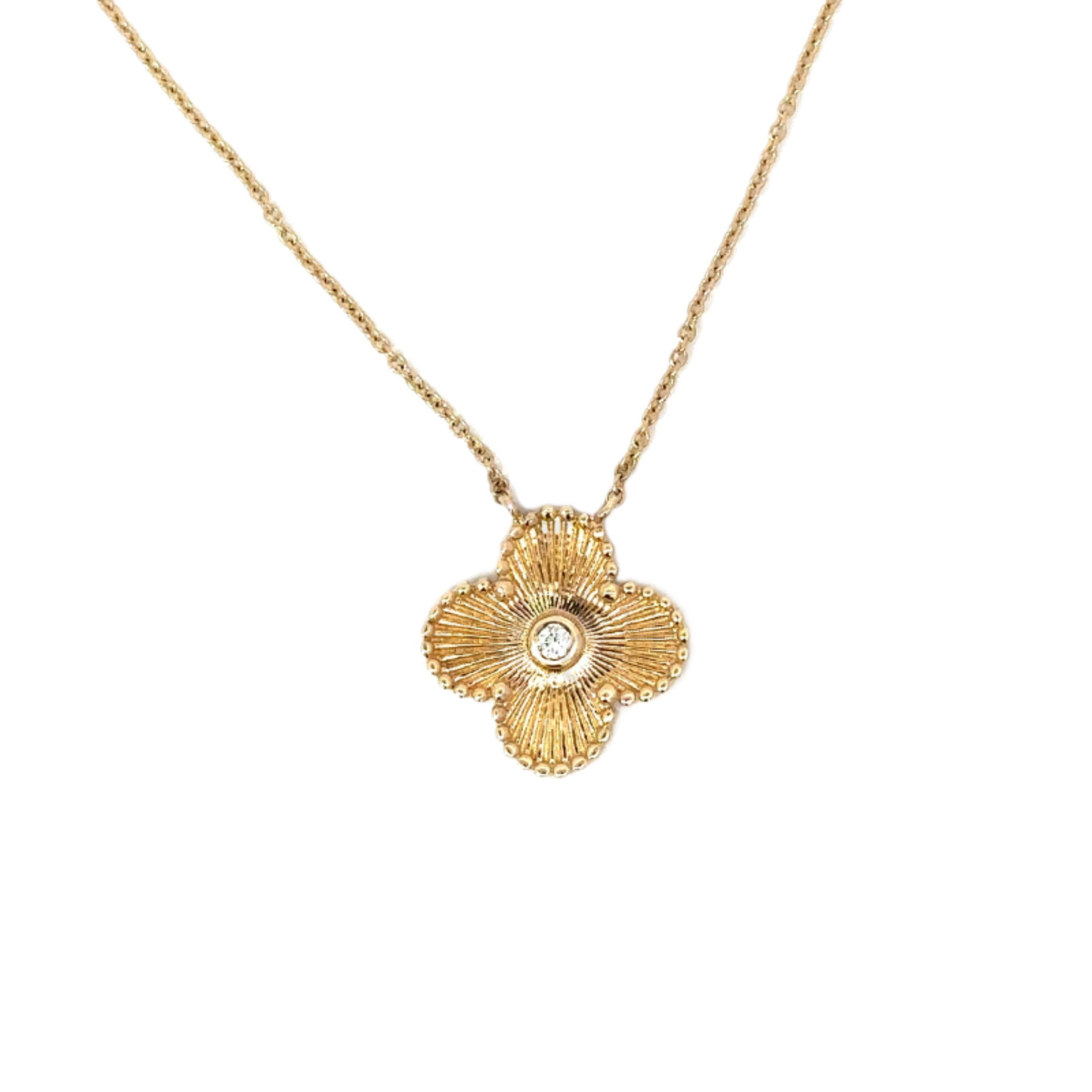 Yellow Gold Fluted Clover Necklace with Bezeled Diamond Center