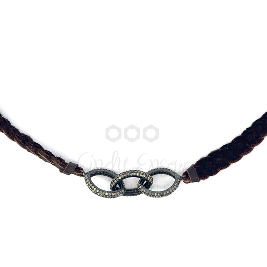 Braided Leather Necklace with Triple Pave Diamond Links