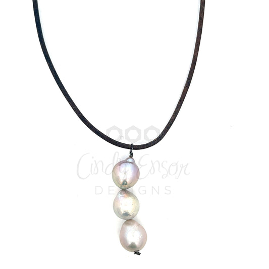 Gray Pearl and Leather Trio Drop Necklace