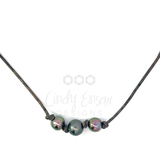 Triple Tahitian Pearl on Leather Necklace