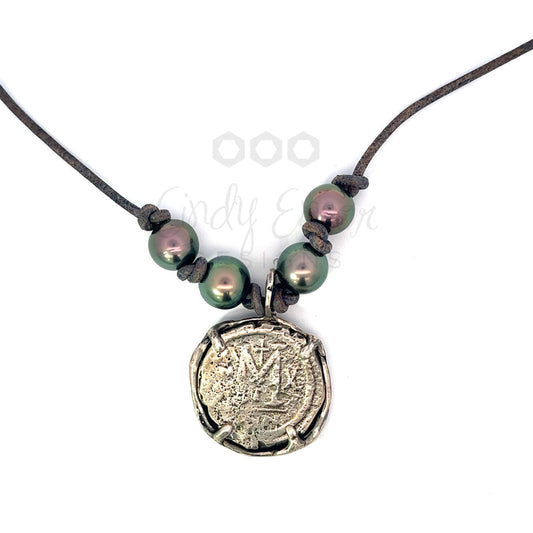 Roman Coin Leather Necklace with Tahitian Pearl Accents