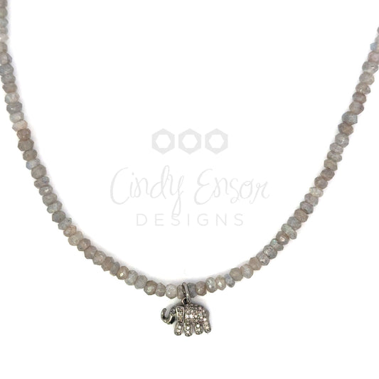 Strung Labradorite Necklace with Pave Diamond Elephant