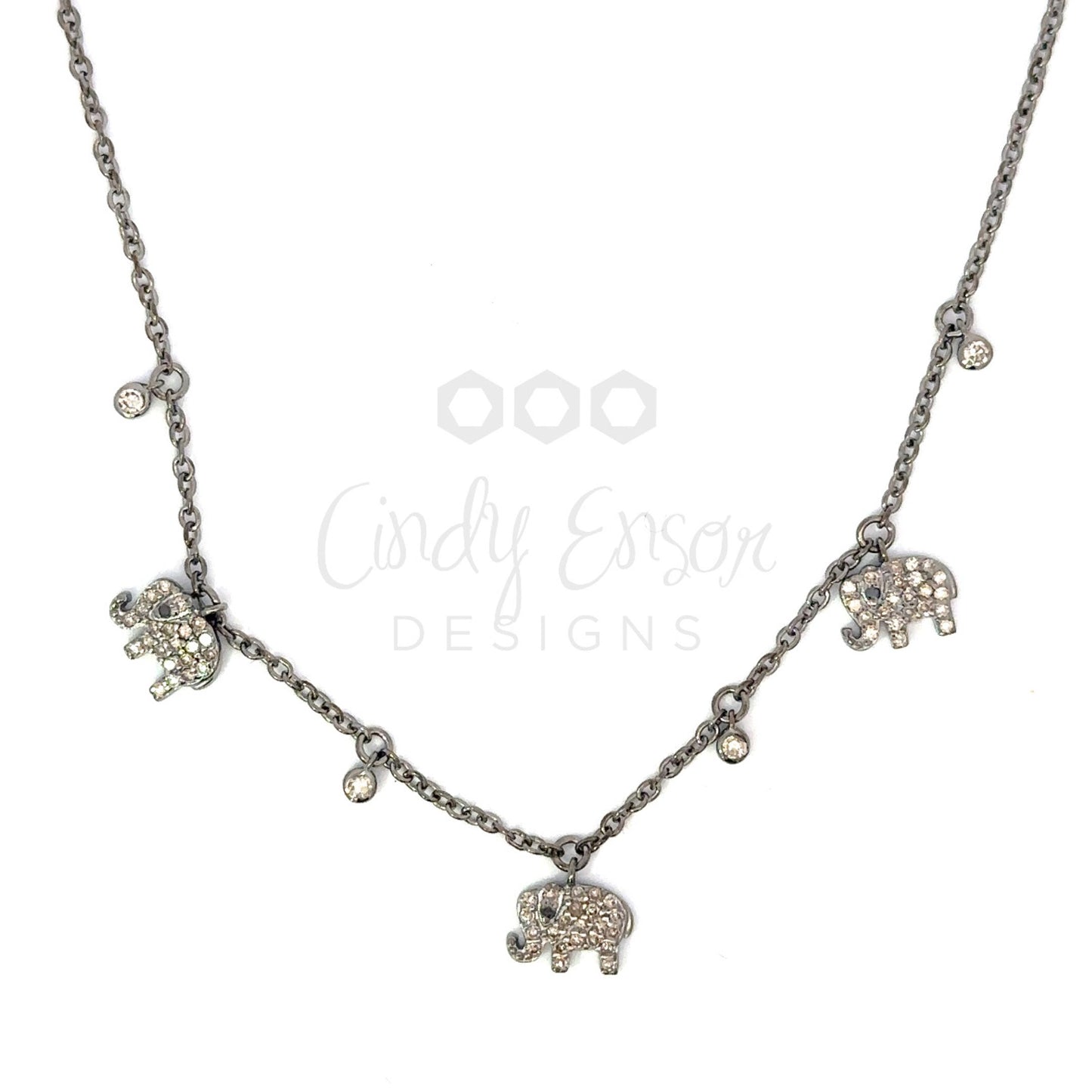Pave Diamond Triple Elephant Station Necklace with Bezeled Diamond Accents