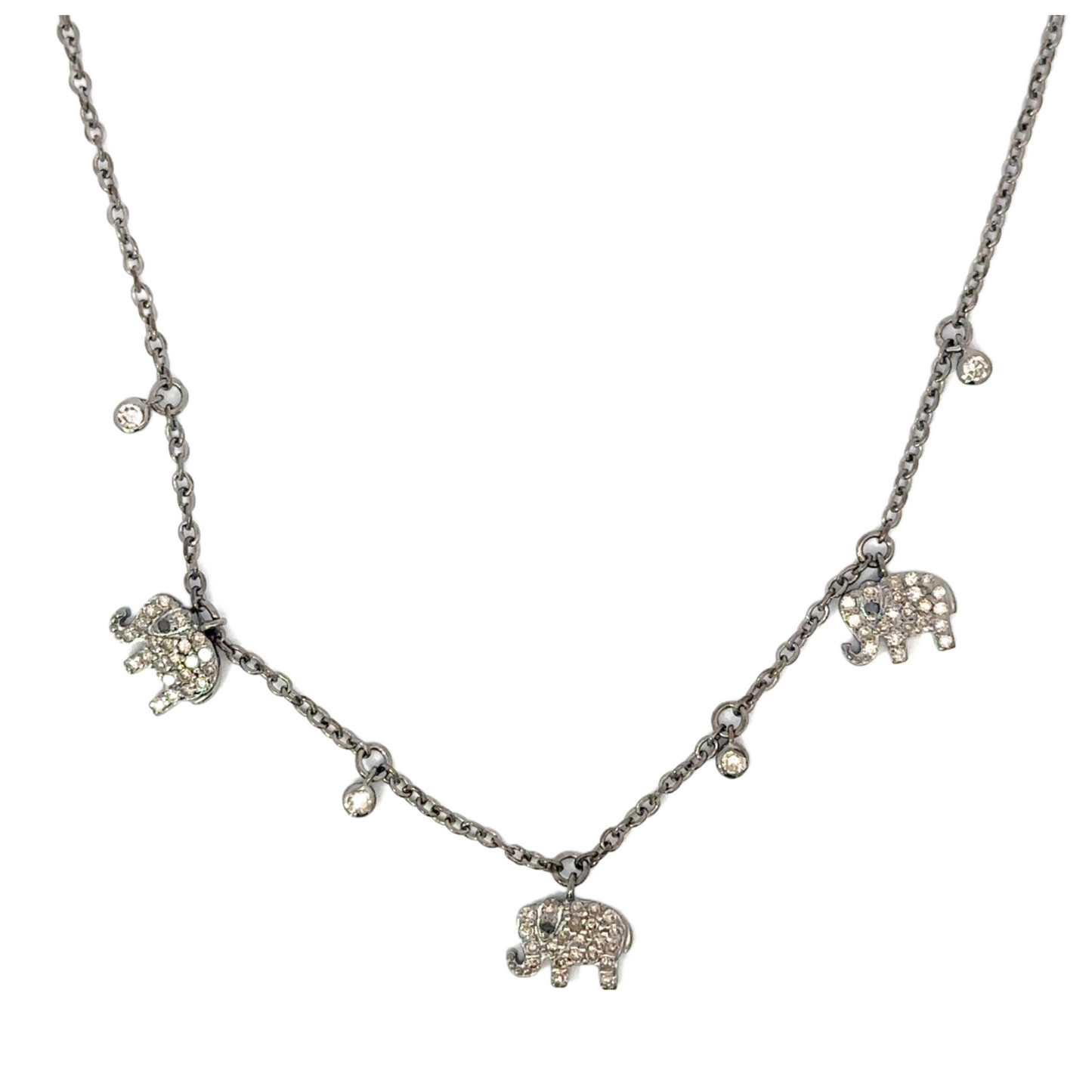 Pave Diamond Triple Elephant Station Necklace with Bezeled Diamond Accents