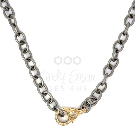Matte Sterling Silver Oval Link Necklace with Pave Diamond Lobster