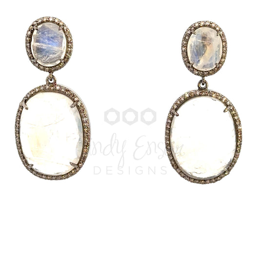 Double Oval Moonstone Earring with Pave Diamond Border